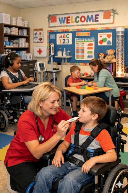 Carnegie Healthcare 1:1 school nurse caring for medically complex student in NJ classroom